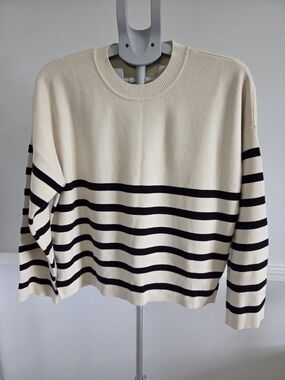 Abercrombie & Fitch Cream and Black Striped Crewneck Sweater